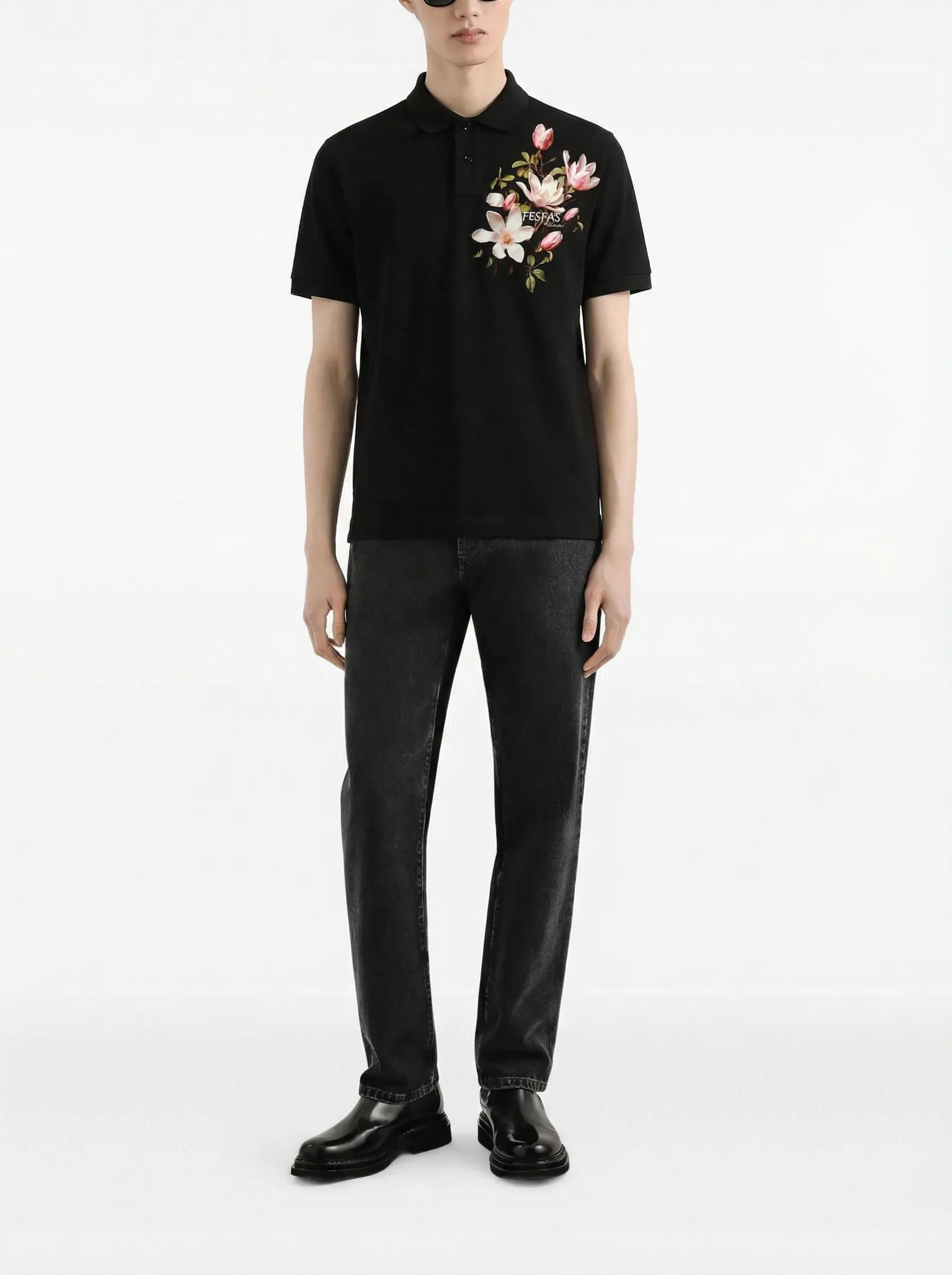 FesFas Floral-print | Áo Polo | Nam | Màu Đen