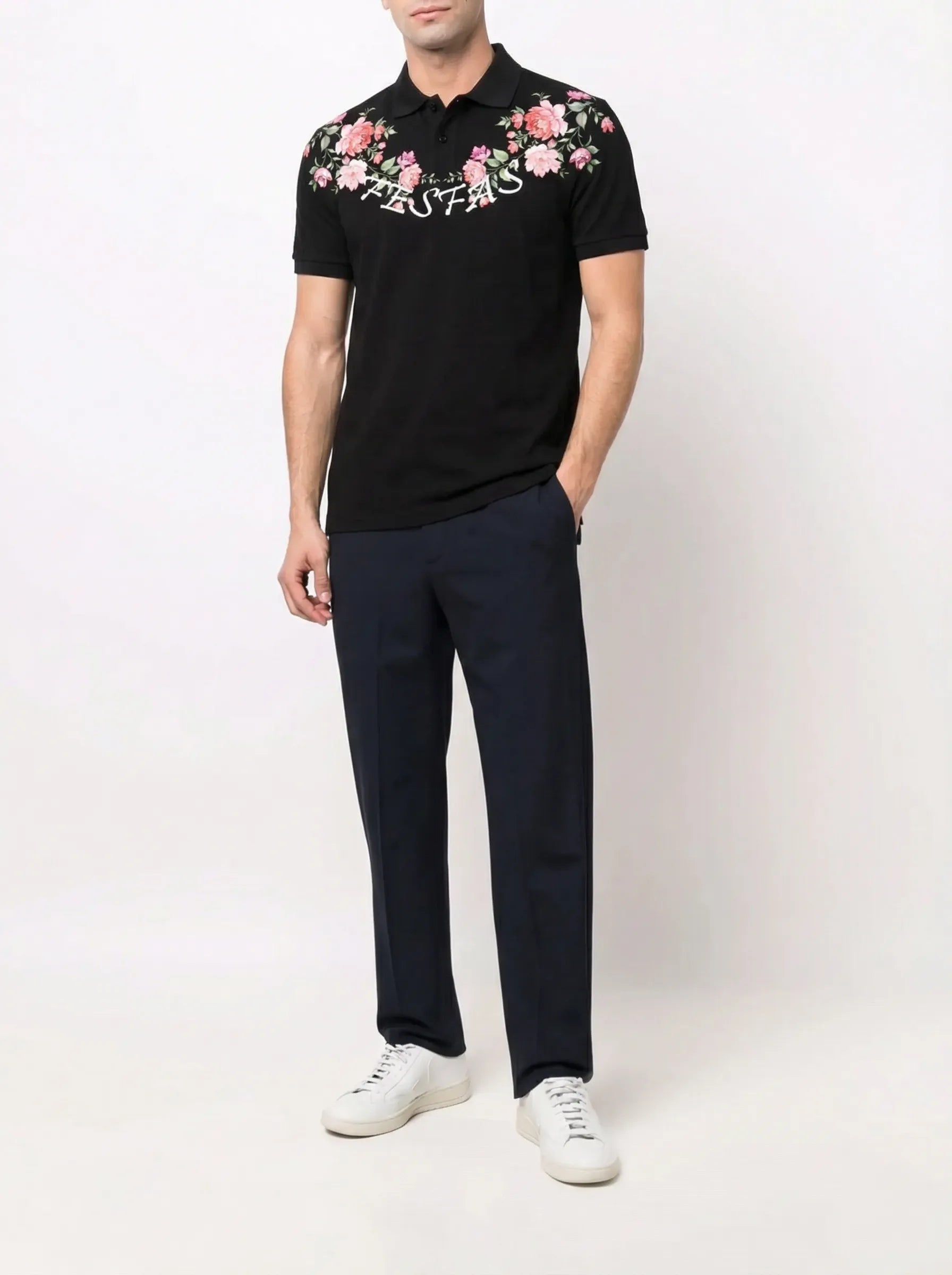 FesFas Floral-print | Áo Polo | Nam | Màu Đen