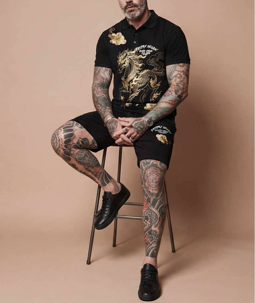 FesFas golden horse-print | Bộ Polo | Nam | Màu Đen