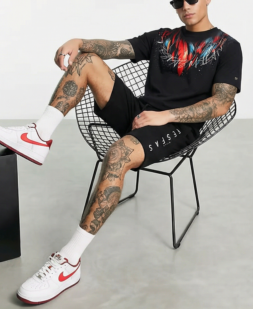 FesFas red feathers-print | Bộ T-Shirt | Nam | Màu Đen