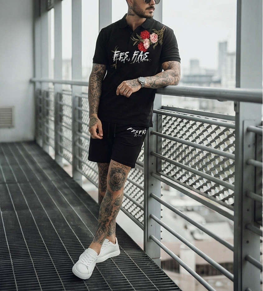 FesFas flowers-print | Bộ Polo | Nam | Màu Đen