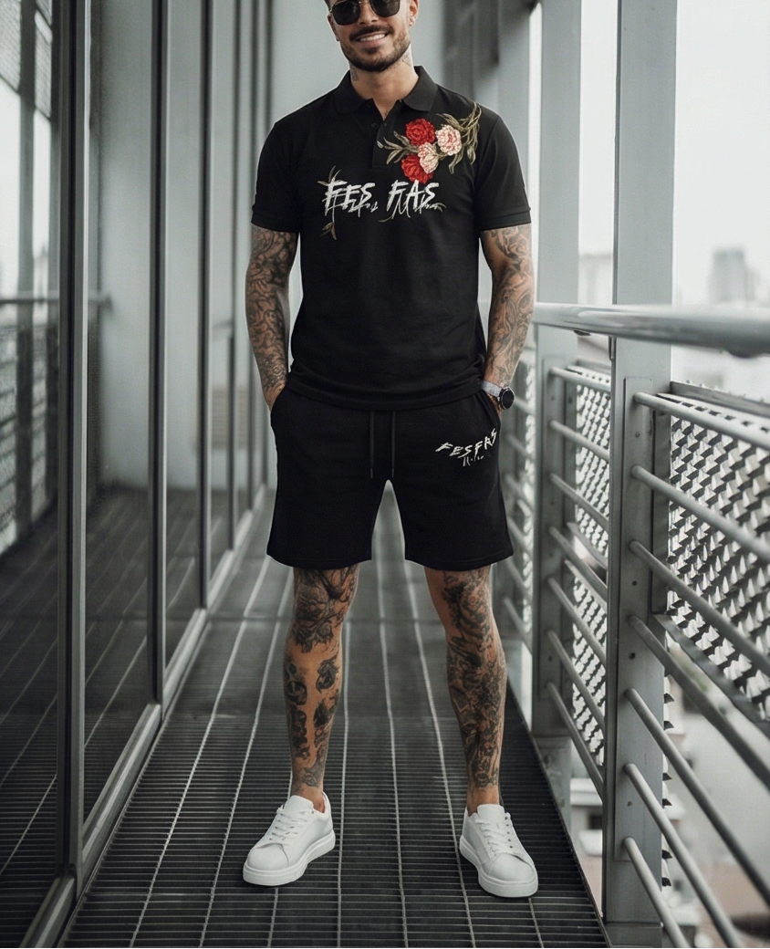 FesFas flowers-print | Bộ Polo | Nam | Màu Đen