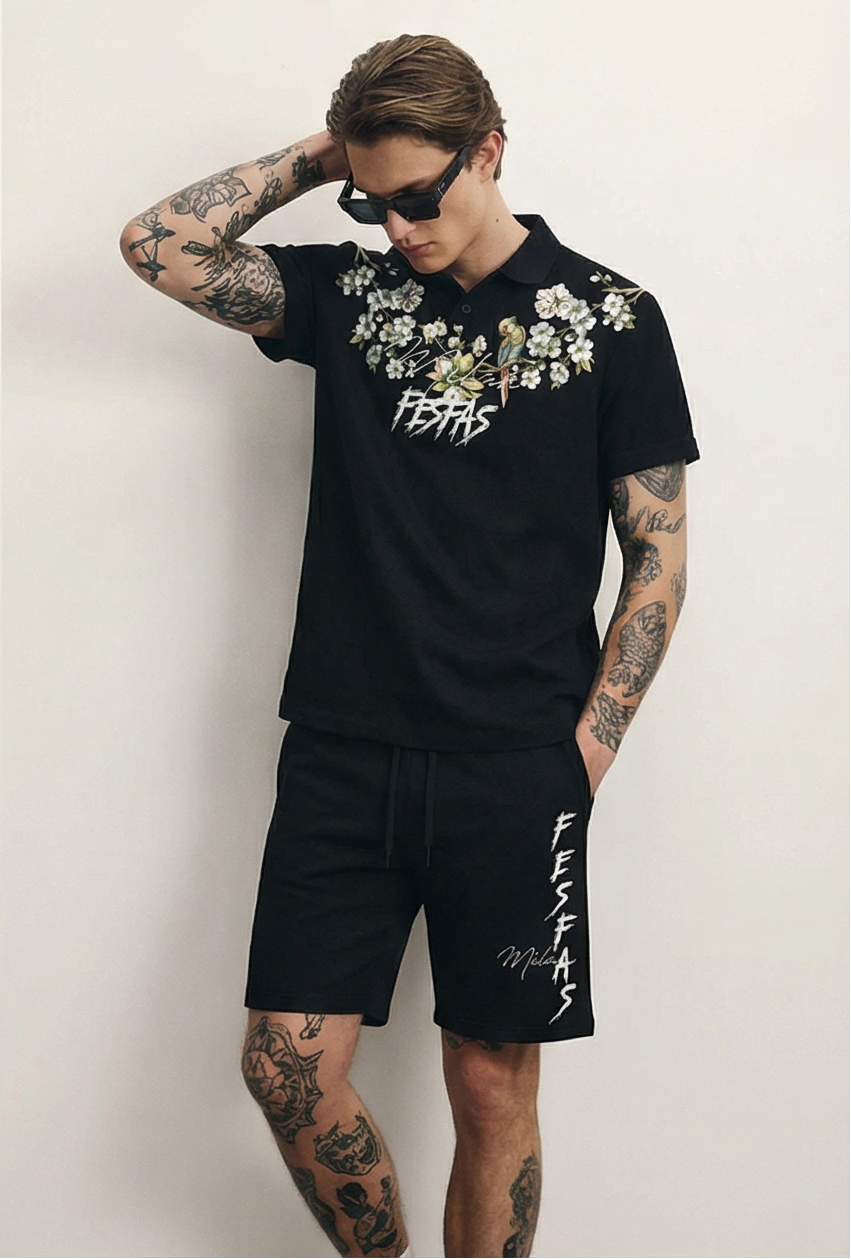 FesFas flowers-print | Bộ Polo | Nam | Màu Đen