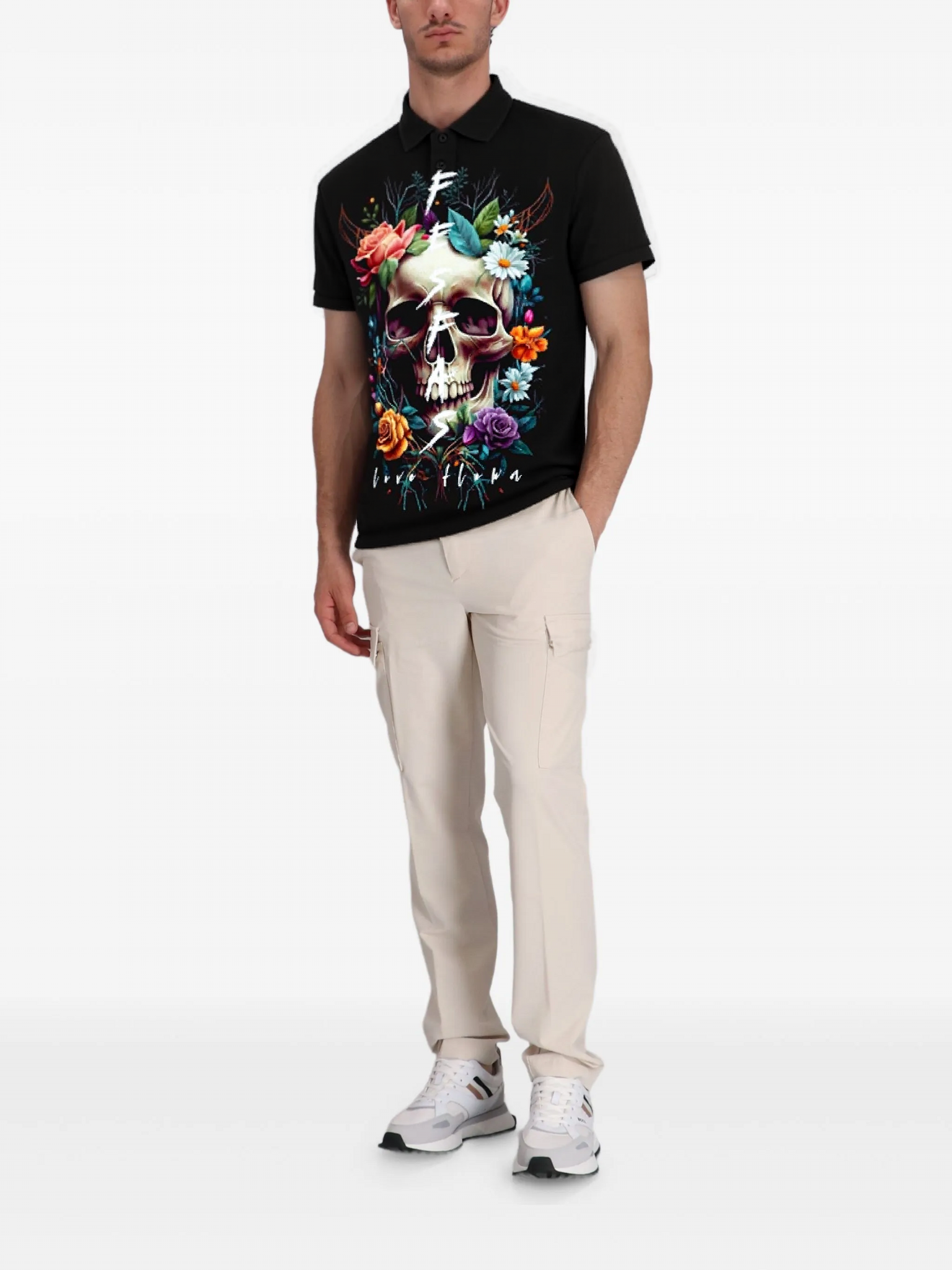 FesFas Floral-print | Áo Polo | Nam | Màu Đen