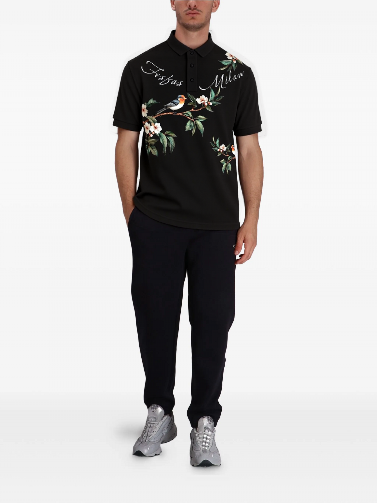 FesFas Floral Bird-print | Áo Polo | Nam | Màu Đen