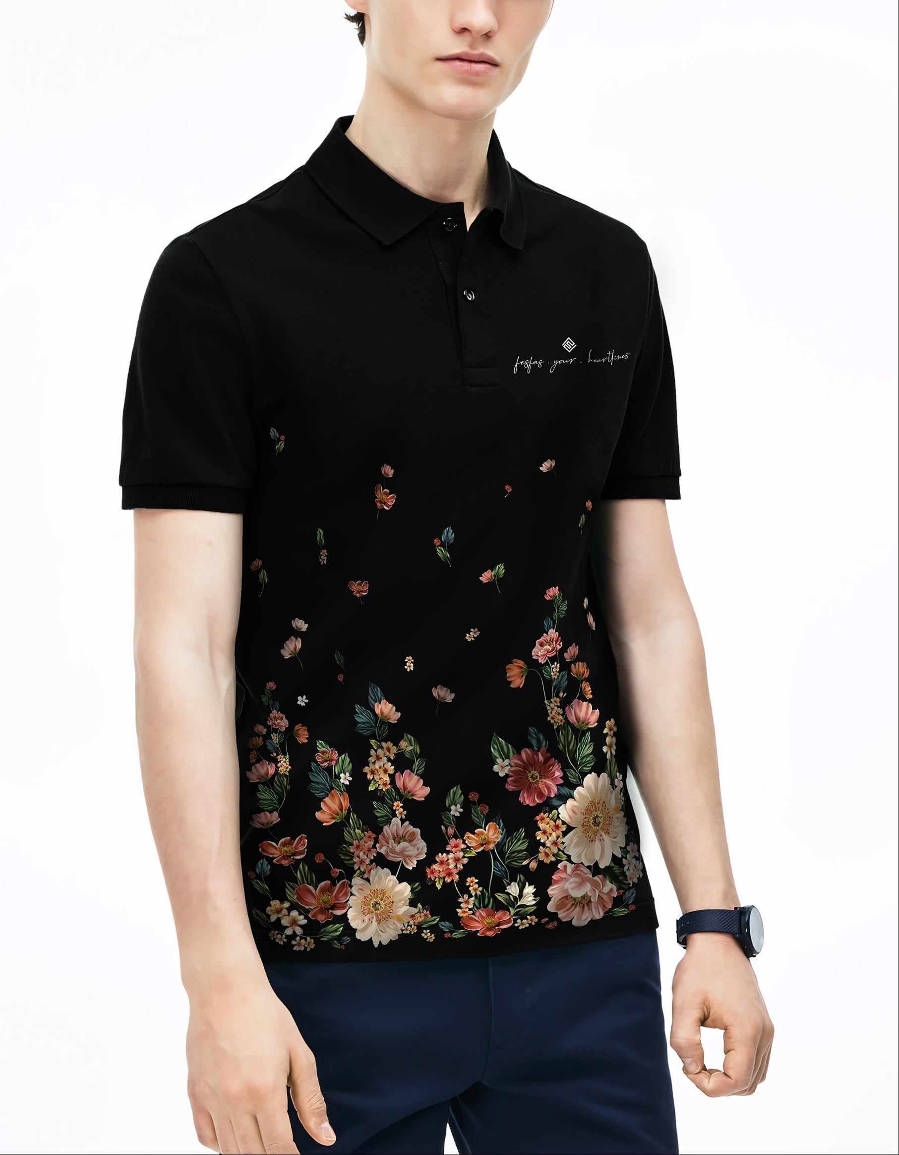 FesFas Floral-print | Áo Polo | Nam | Màu Đen
