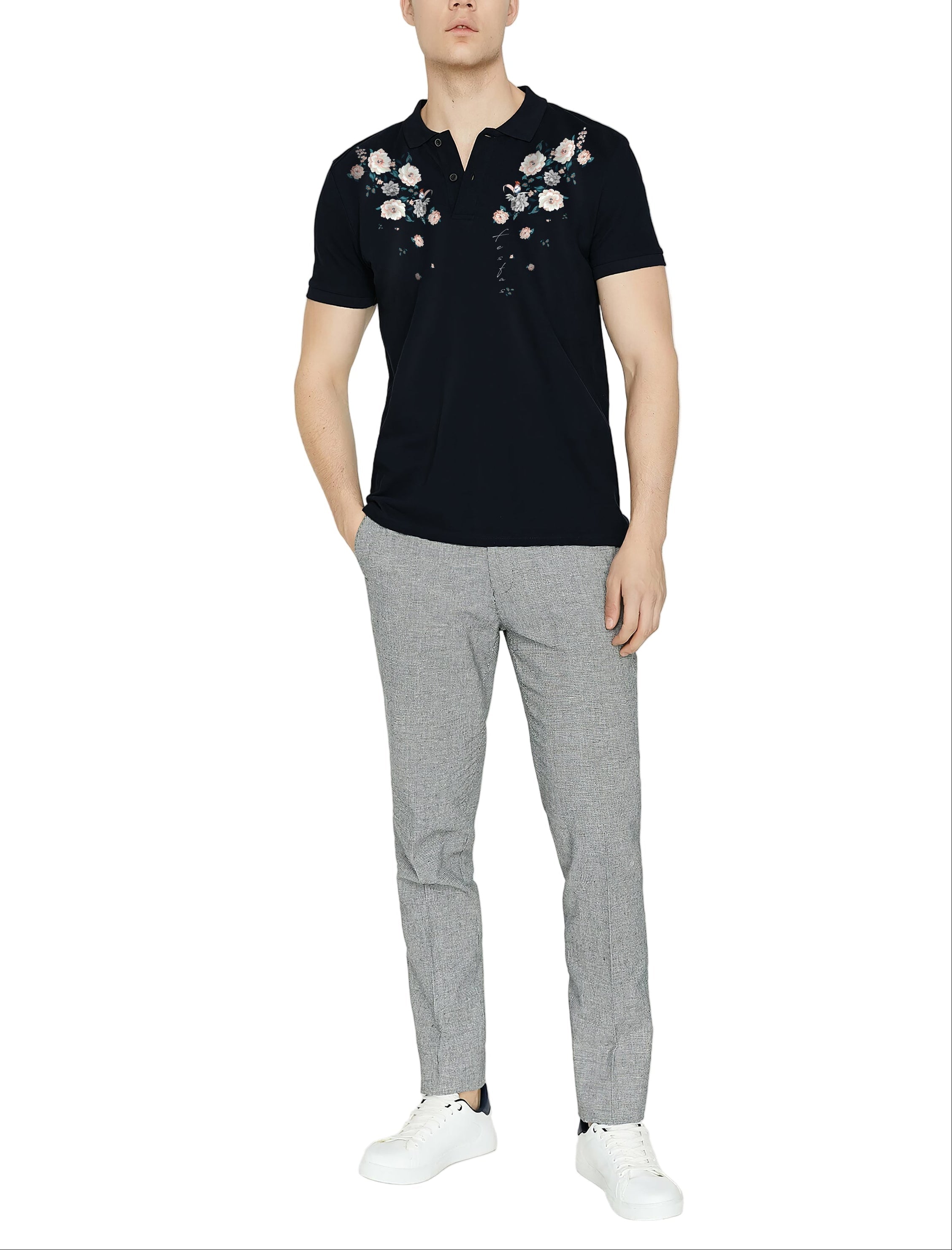 FesFas Floral-print | Áo Polo | Nam | Màu Đen