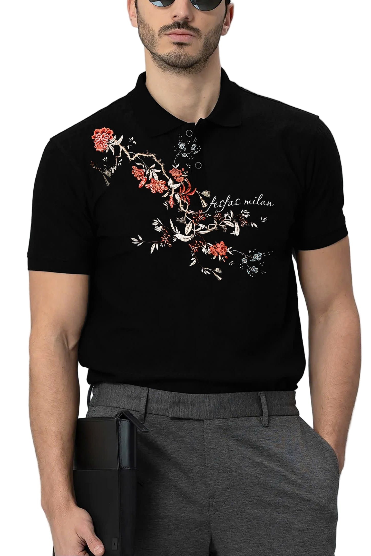 FesFas Floral-print | Áo Polo | Nam | Màu Đen