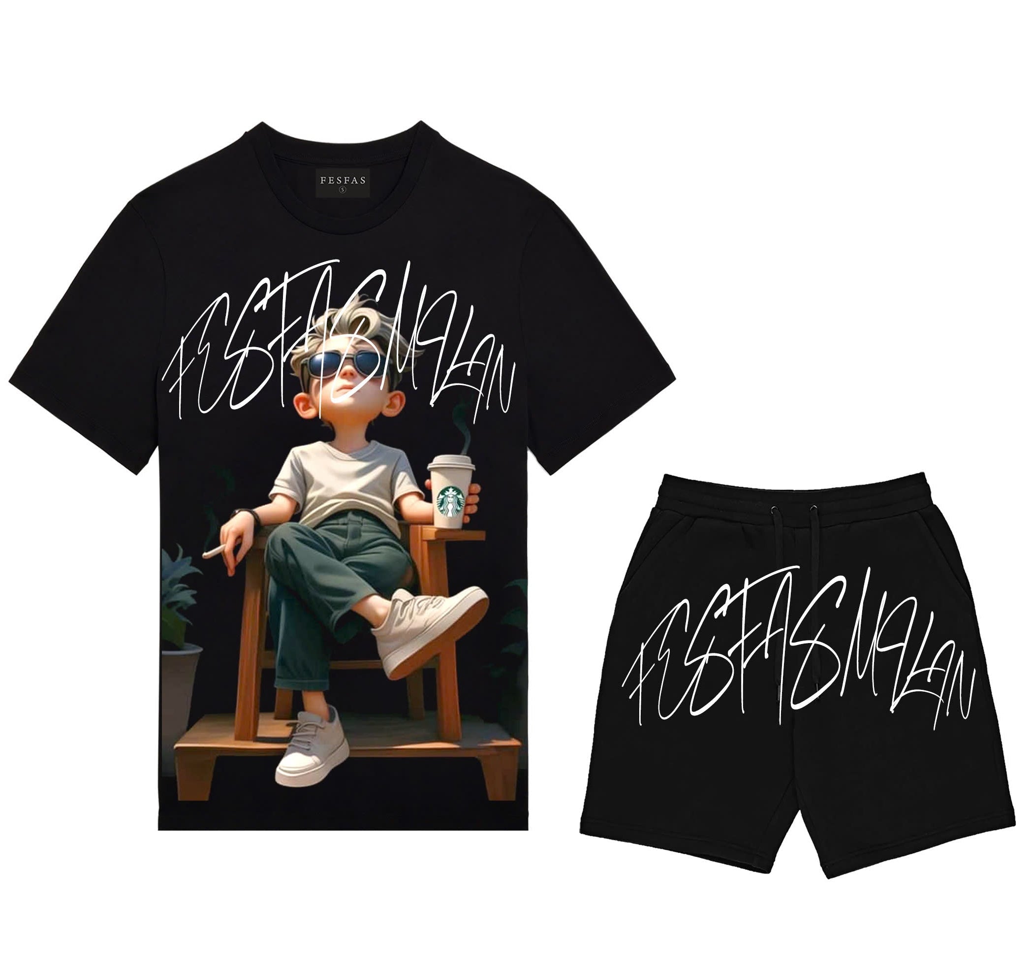 FesFas chill guy-print | Bộ T-Shirt | Nam | Màu Đen