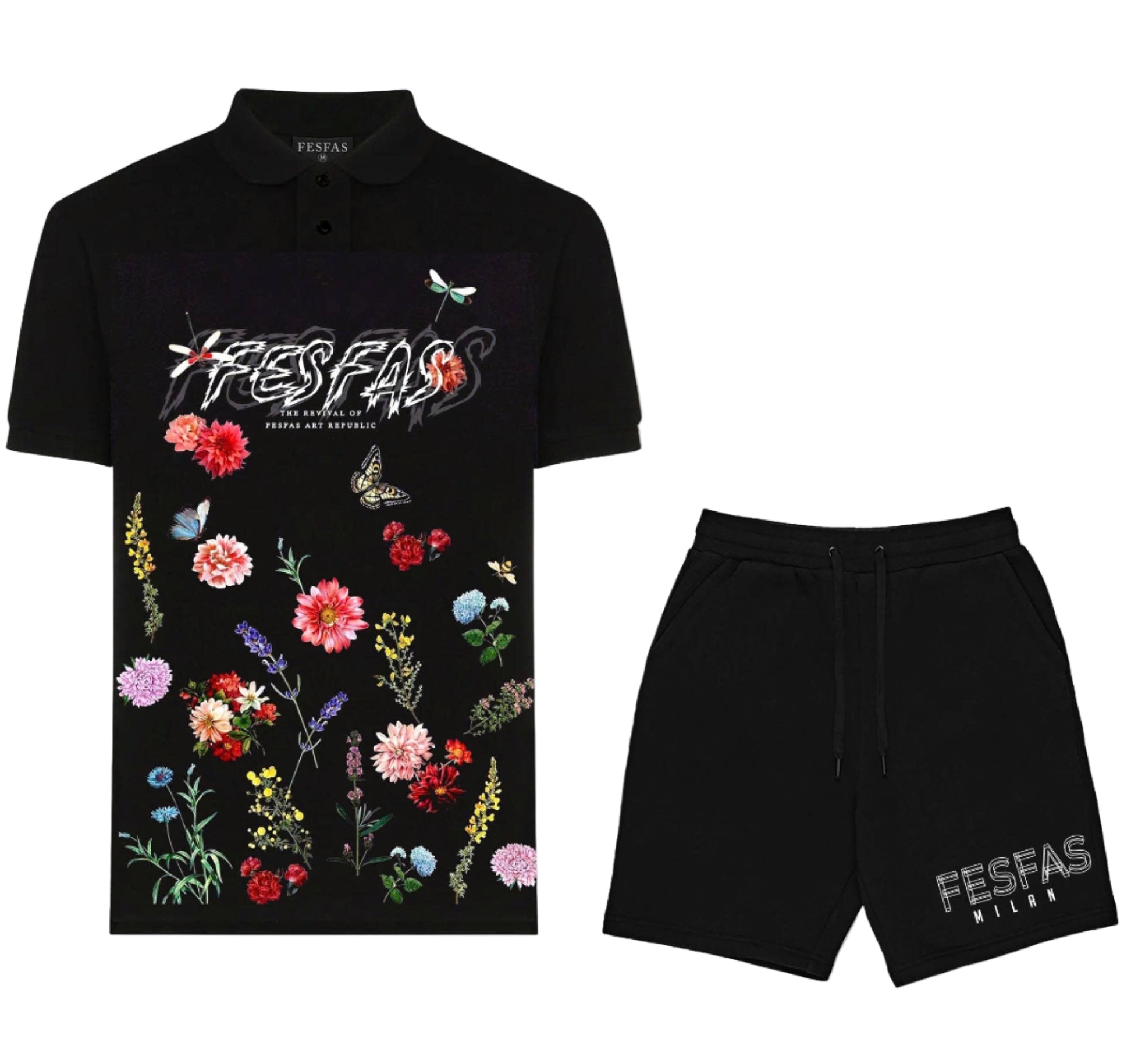 FesFas Floral-print | Áo Polo | Nam | Màu Đen