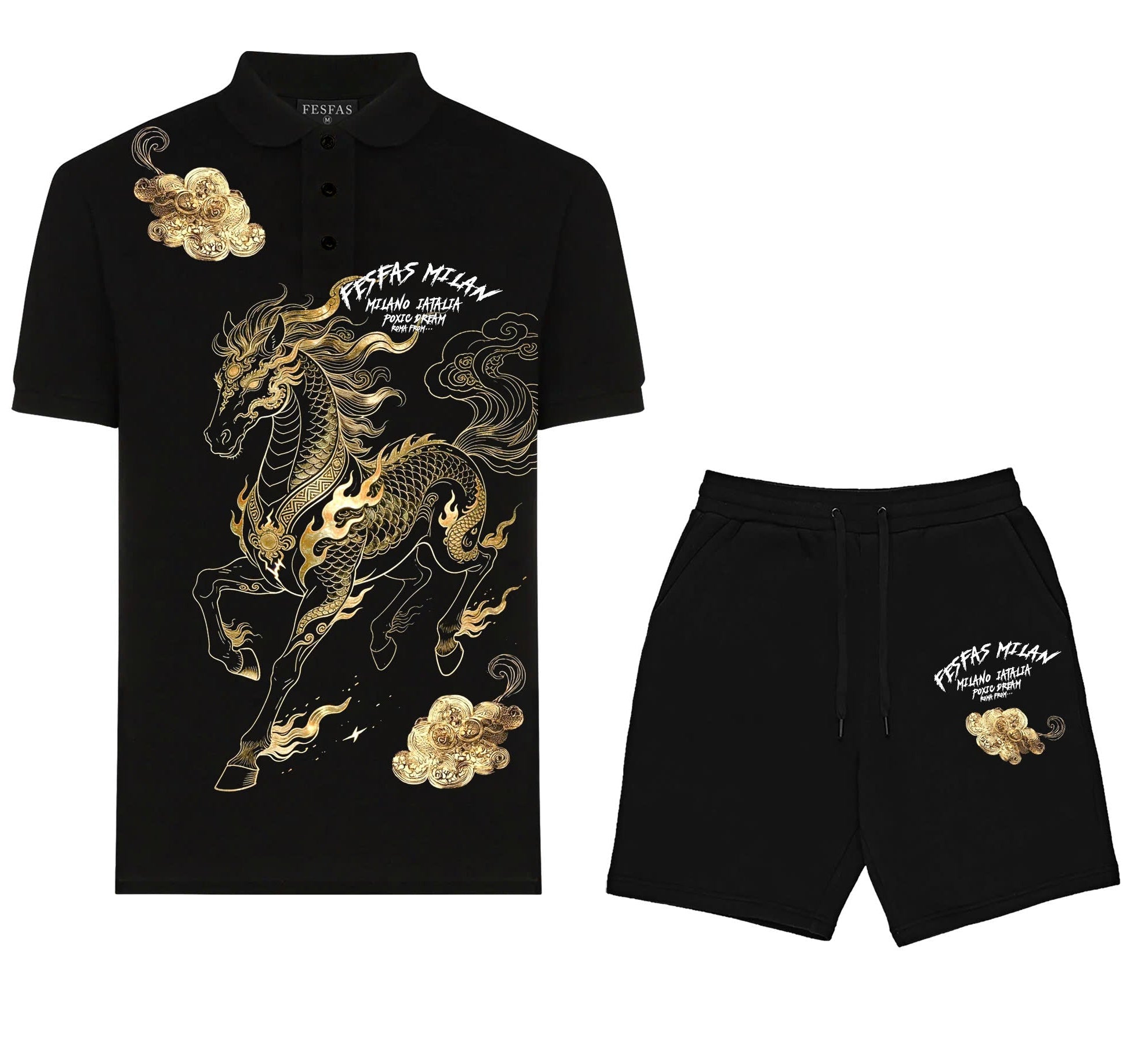 FesFas golden horse-print | Bộ Polo | Nam | Màu Đen