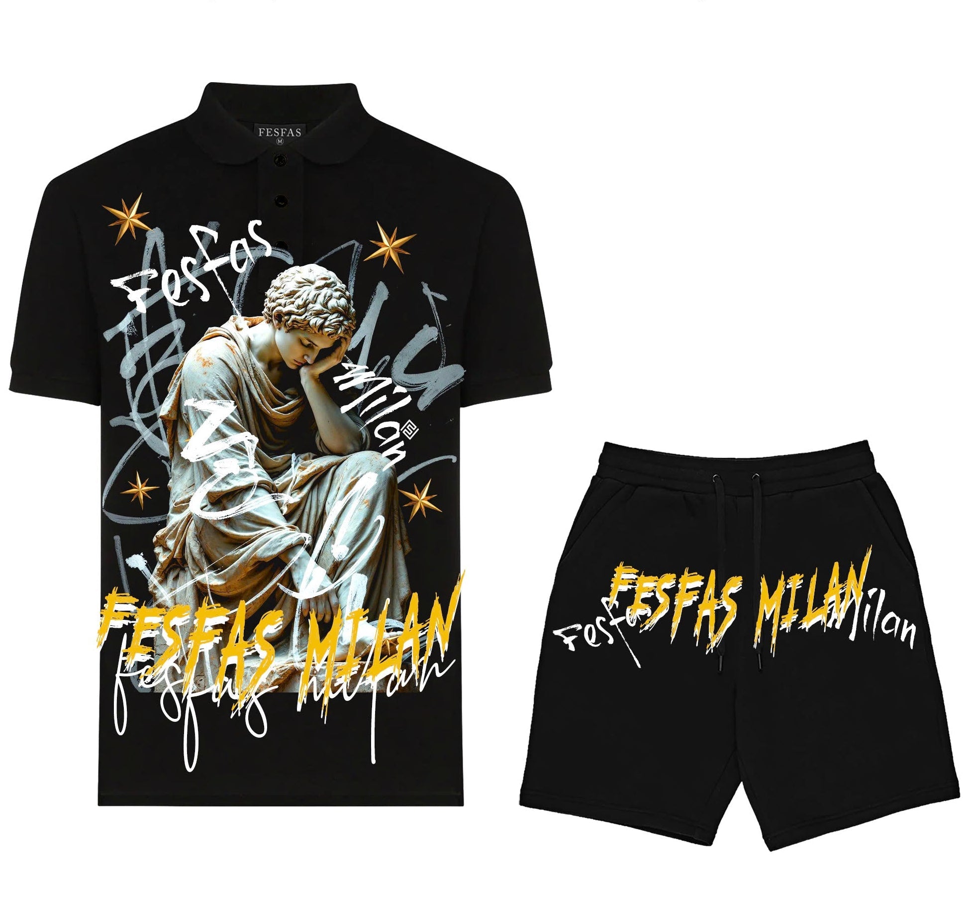 FesFas angel statue-print | Bộ Polo | Nam | Màu Đen