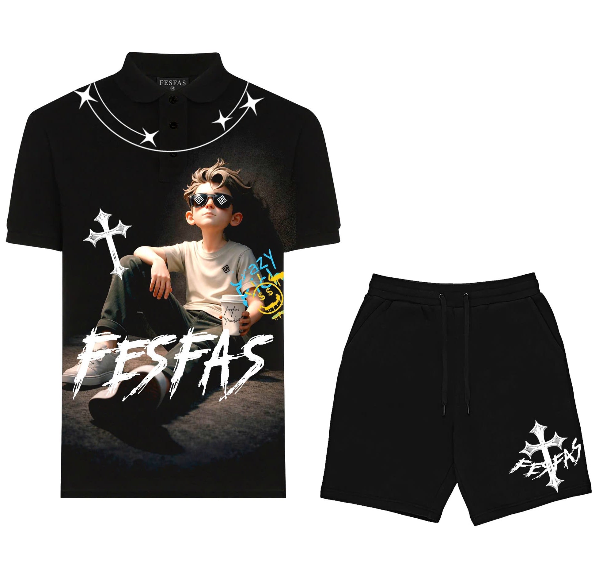 FesFas chill guy-print | Bộ Polo | Nam | Màu Đen
